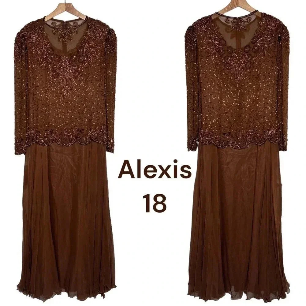 Alexis Womens 18 Elegant brown long sleeve silk beaded‎ upper formal dress NEW